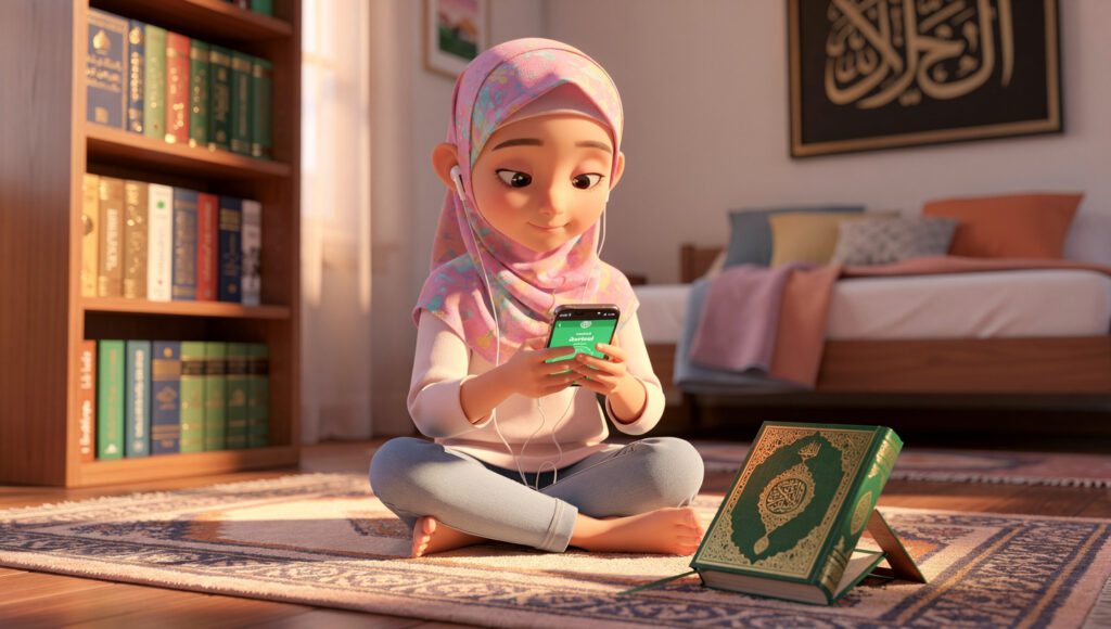 Anak perempuan Muslim berjilbab sedang murojaah hafalan Quran dengan aplikasi ngaji anak Tarteel AI menggunakan earphone