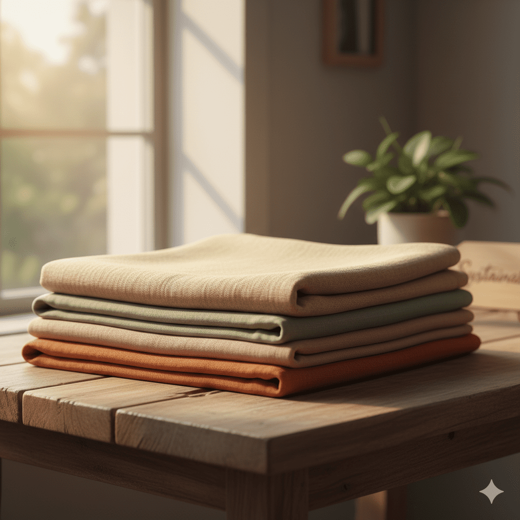 Tumpukan kain hijab organik seperti katun, bambu, dan Tencel sebagai pilihan fashion muslim berkelanjutan