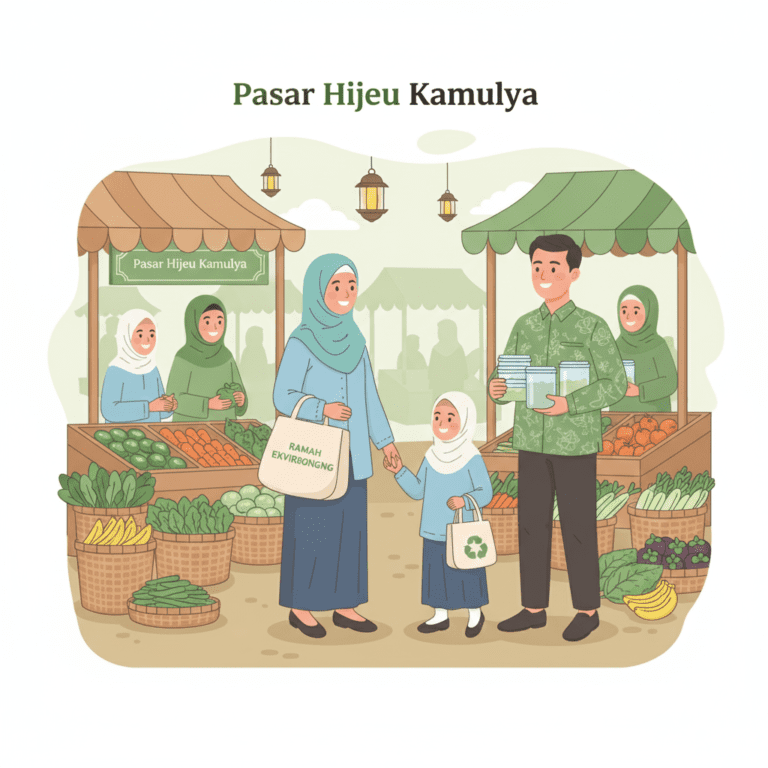 Ilustrasi keluarga Muslim menerapkan belanja ramah lingkungan ala Rasulullah di pasar tradisional dengan tas kain dan wadah sendiri