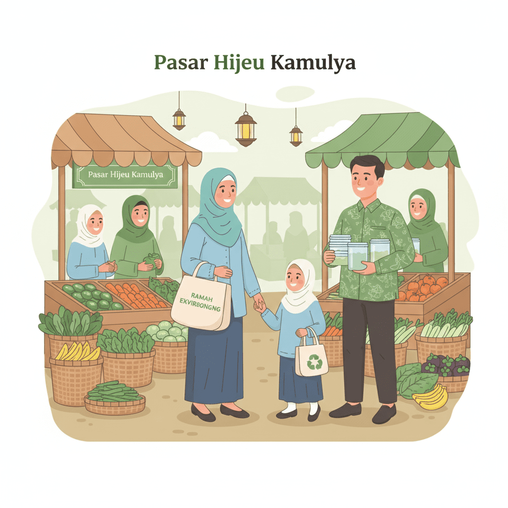 Ilustrasi keluarga Muslim menerapkan belanja ramah lingkungan ala Rasulullah di pasar tradisional dengan tas kain dan wadah sendiri