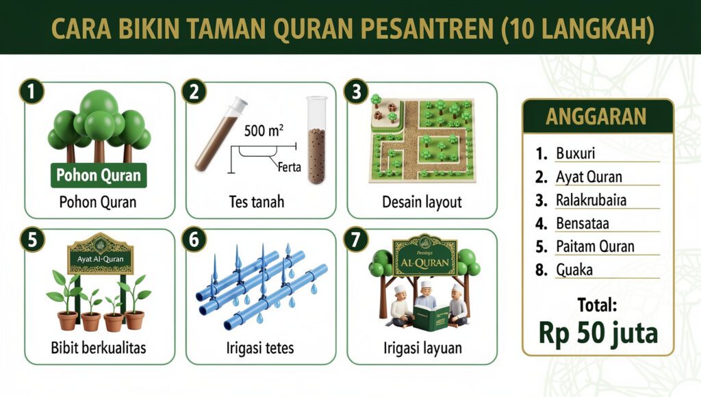 Infografis langkah-langkah praktis membangun taman quran pesantren dari pemilihan pohon, desain lahan, hingga program edukatif dengan estimasi budget Rp 50 juta.