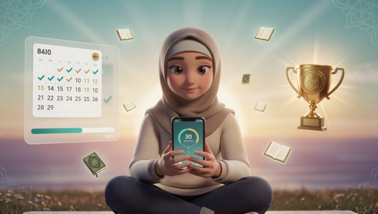 "Ilustrasi challenge murojaah 30 juz dalam 30 hari menggunakan aplikasi tarteel ai untuk hafidz"