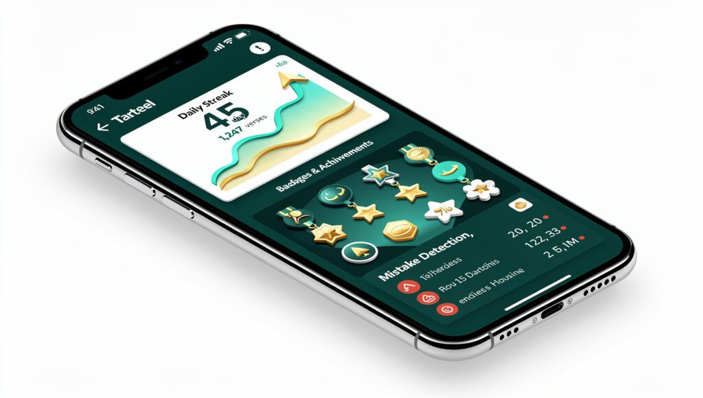 Fitur analytics Tarteel AI untuk keluarga menampilkan grafik progress hafalan, streak harian, dan historical mistakes
