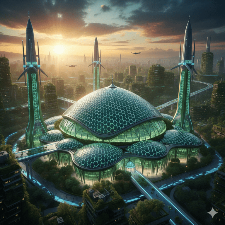 ilustrasi energi terbarukan islam dengan panel surya dan masjid