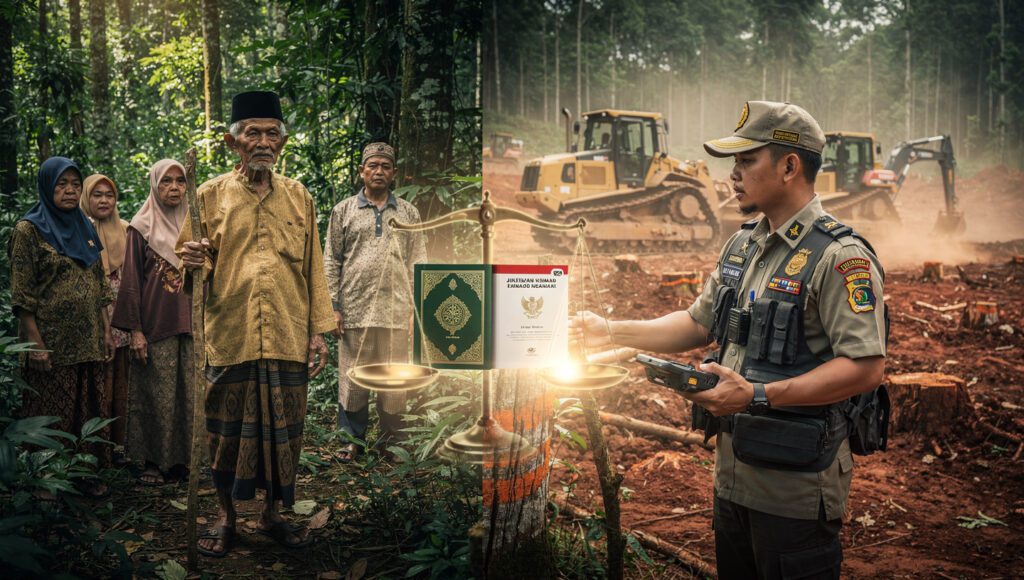 “Hutan adat islam menampilkan kepala adat Muslim berdiri di hutan leluhur berhadapan dengan petugas kehutanan negara, simbol dilema hutan adat vs hutan negara dalam perspektif fikih”