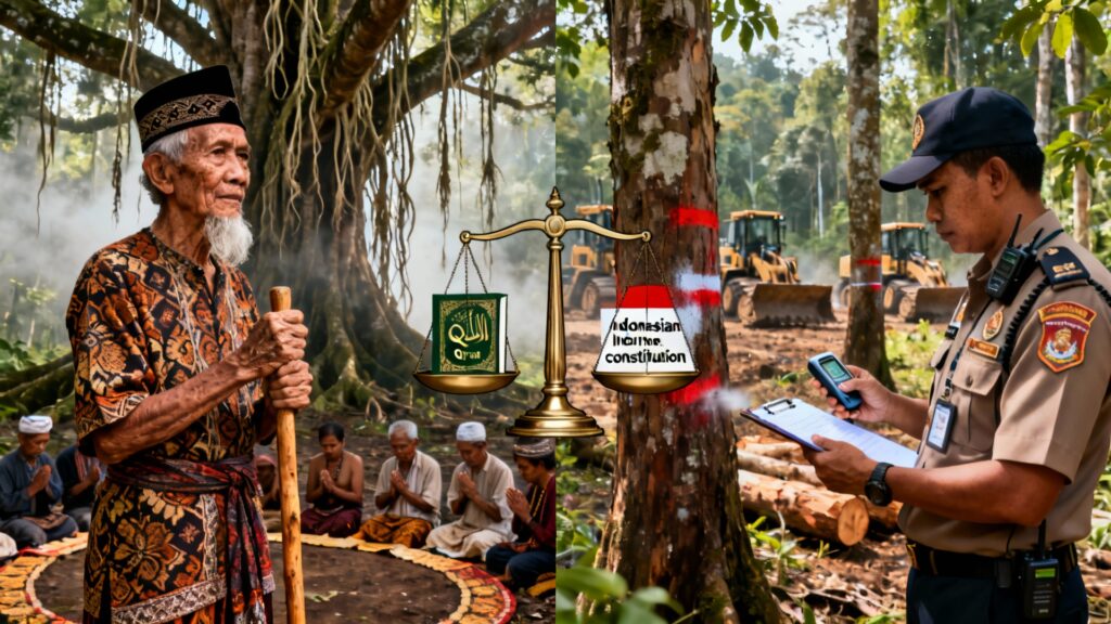 "Hutan adat vs hutan negara perspektif Islam: kepala adat Muslim Indonesia berdiri di hutan leluhur menghadapi dilema hukum adat ('urf) bertentangan dengan regulasi kehutanan negara (ulil amri), fikih Islam menawarkan solusi win-win melalui kaidah mashlahah mursalah untuk 40 juta masyarakat adat yang 60% Muslim - keadilan untuk generasi sekarang dan mendatang"