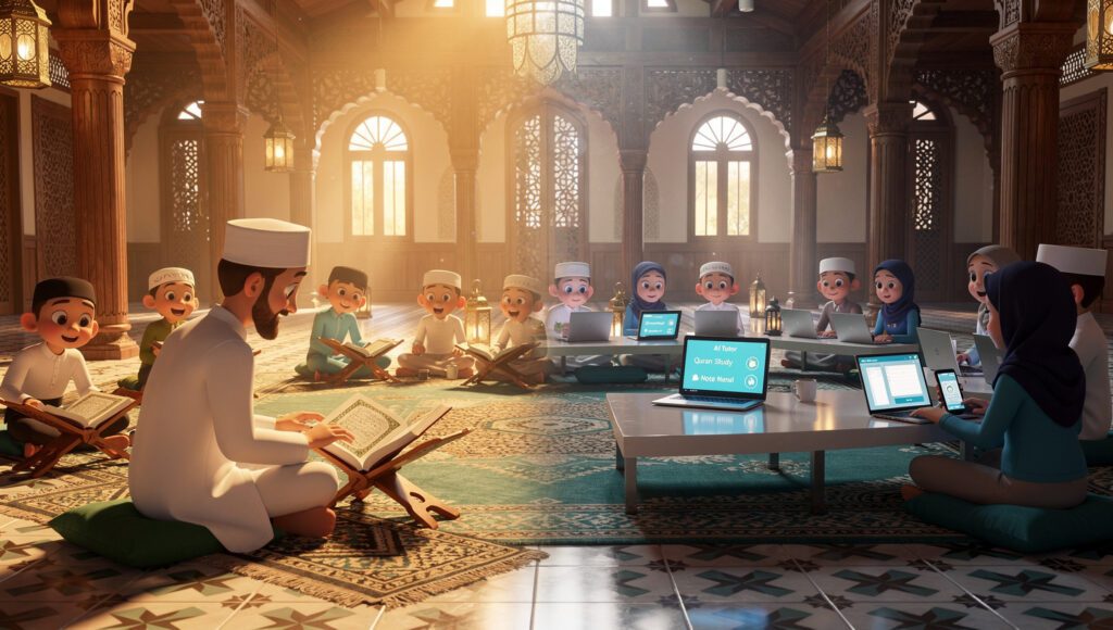 Komparasi visual pembelajaran tradisional sorogan dengan ustadz dan pembelajaran modern menggunakan aplikasi AI dalam satu ruang pesantren