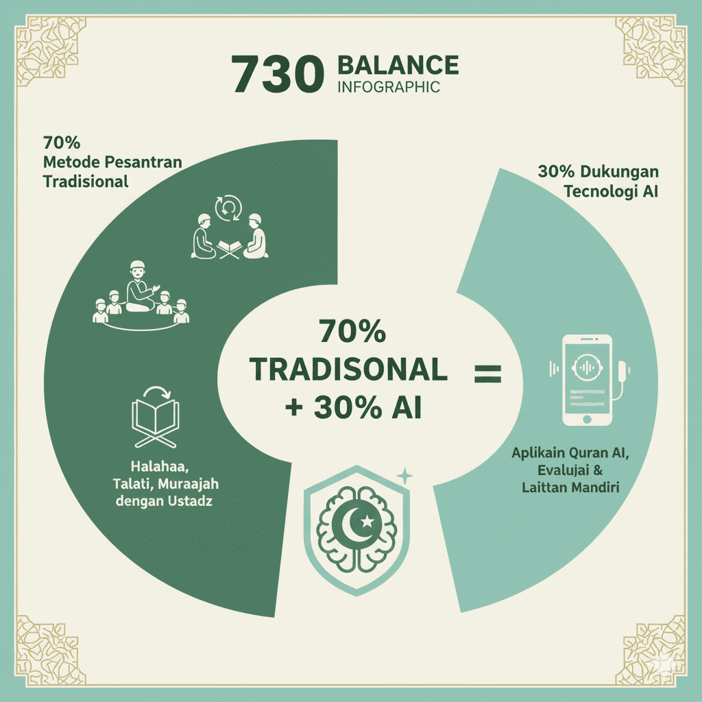 Diagram integrasi Tarteel AI dengan sistem tahfidz pesantren melalui model pembelajaran hybrid