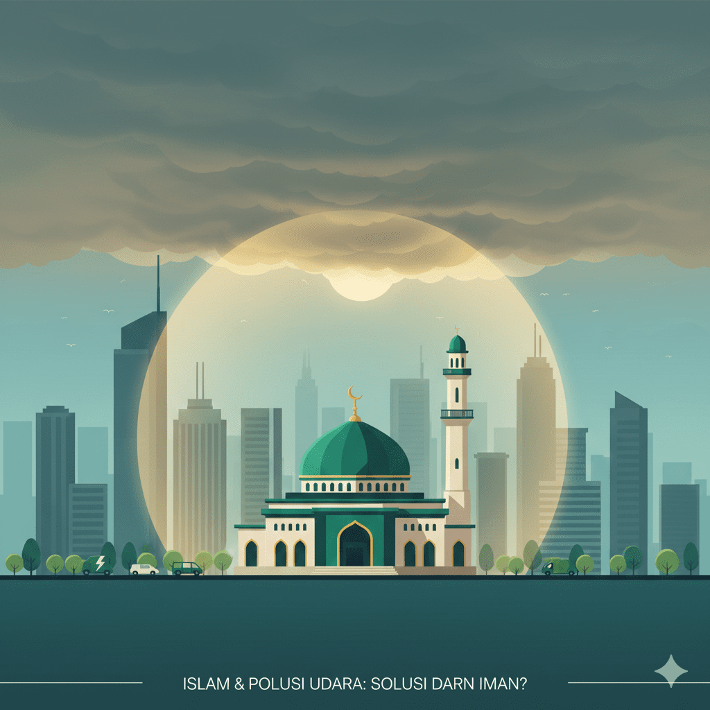 ilustrasi masjid modern dan kota berkabut sebagai gambaran islam dan polusi udara