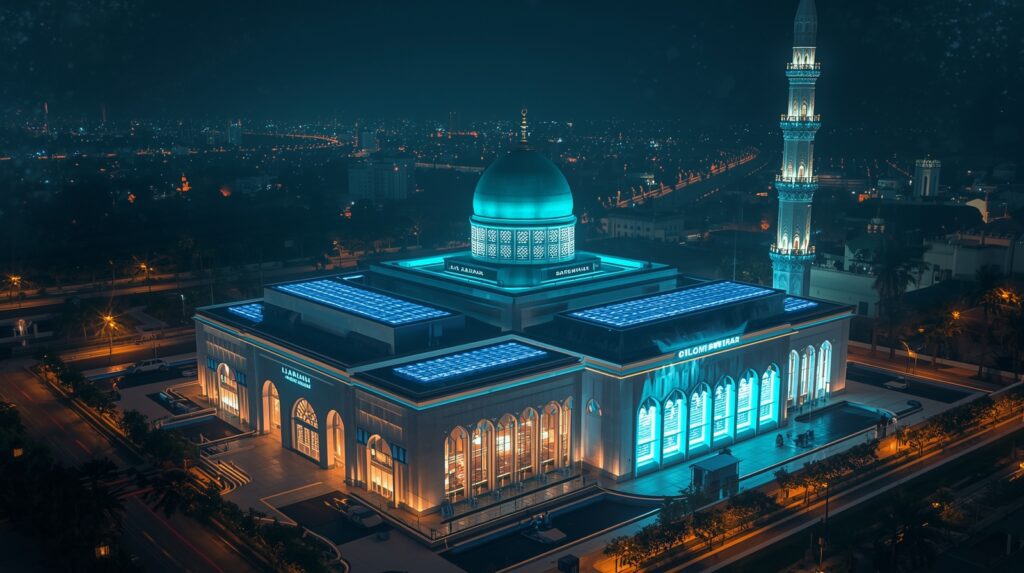 Foto udara dari drone menampilkan masjid panel surya di Masjid Al Akbar Surabaya dengan deretan modul surya terpasang rapi di atap utama.