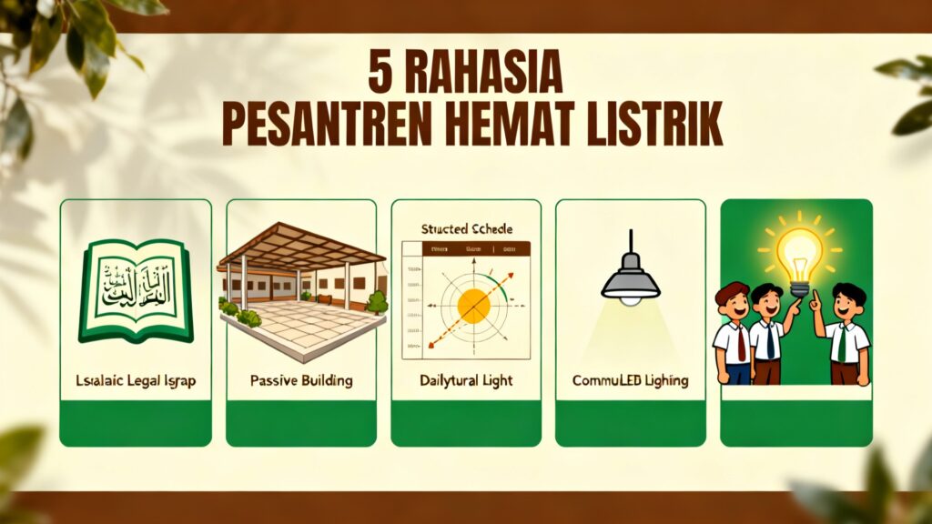 Infografis edukatif lima rahasia pesantren hemat listrik: fikih israf, desain pasif, jadwal terstruktur, teknologi sederhana, dan kesadaran komunal dengan data penghematan energi