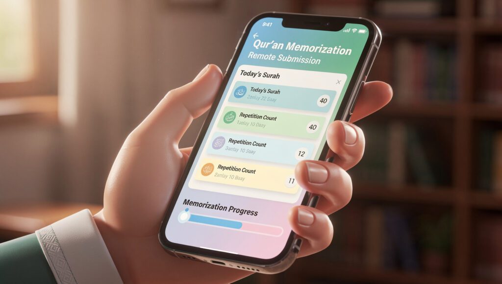 “tampilan jadwal setoran hafalan quran jarak jauh di ponsel santri”