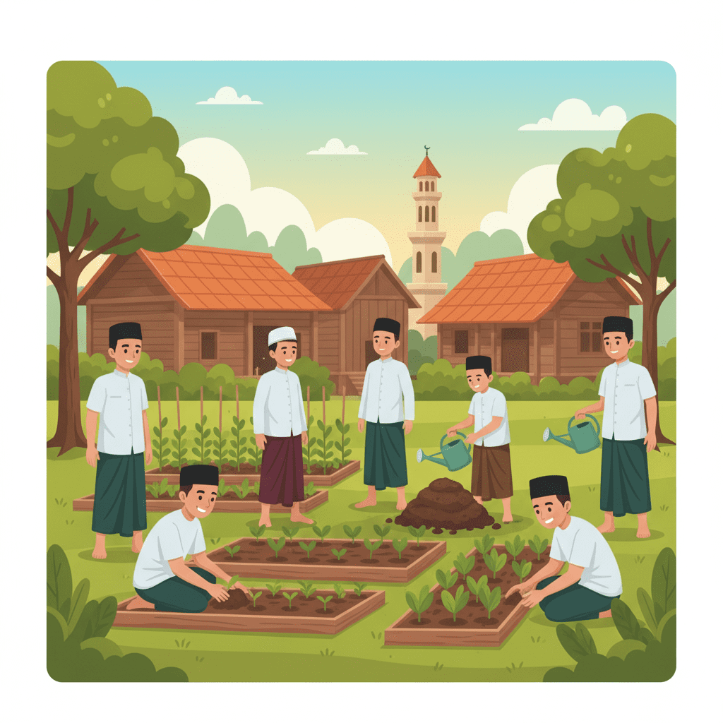 Santri bekerja di kebun organik pesantren menanam sayuran sebagai bagian gaya hidup islami ramah lingkungan