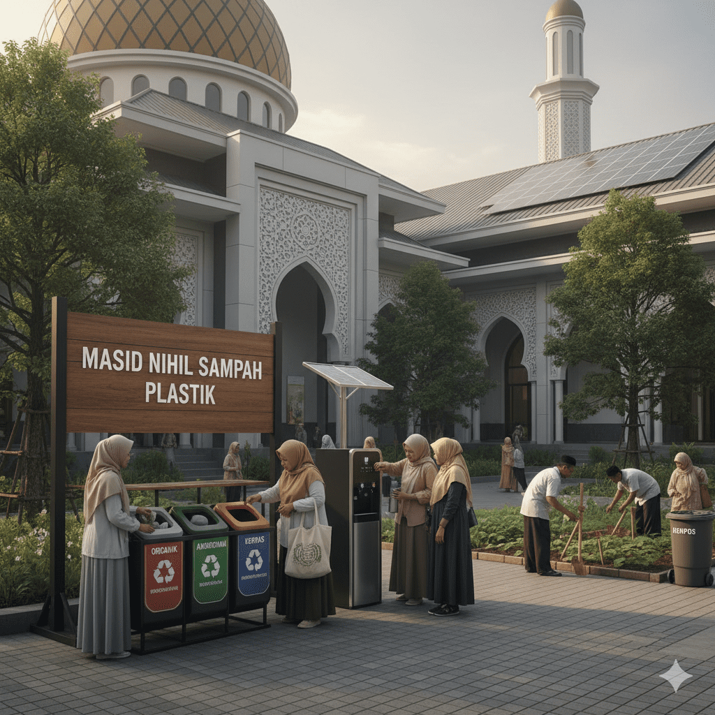 ilustrasi konsep zero waste living islam dengan orang memisahkan sampah