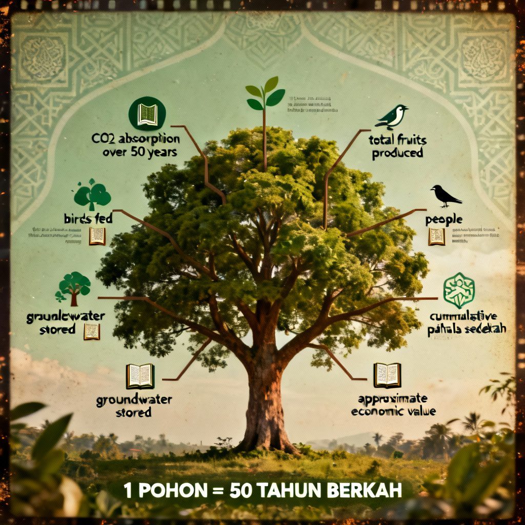 Infografis manfaat 1 pohon selama 50 tahun perspektif Islam, menjelaskan penyerapan CO2, produksi buah, pemberian makan burung, naungan, penyimpanan air tanah, pahala sedekah jariyah, dan nilai ekonomi sebagai bukti reboisasi dalam islam menguntungkan dunia akhirat