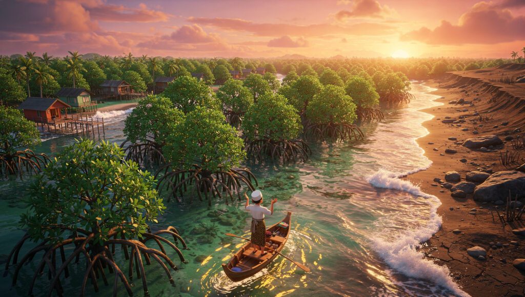 "Mangrove dalam Islam: pohon ajaib dalam Al-Quran dengan akar tunjang unik di pesisir Indonesia, nelayan Muslim bersyukur atas perlindungan mangrove yang mencegah abrasi 80%, menyerap karbon 5x lipat pohon biasa, dan menjadi nursery 70+ spesies ikan halal - keajaiban ciptaan Allah untuk ekosistem pesisir"