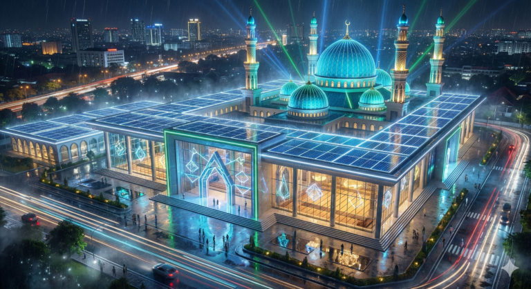 Panel surya terpasang di atap masjid untuk menghemat listrik
