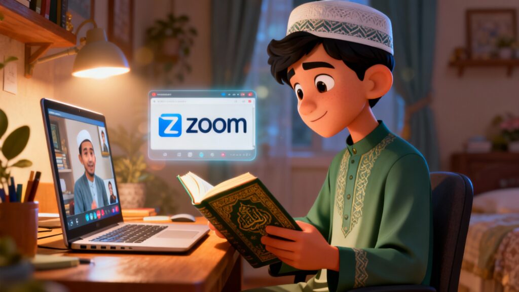 “ilustrasi metode talaqqi online via zoom dengan santri membaca al quran di depan laptop”