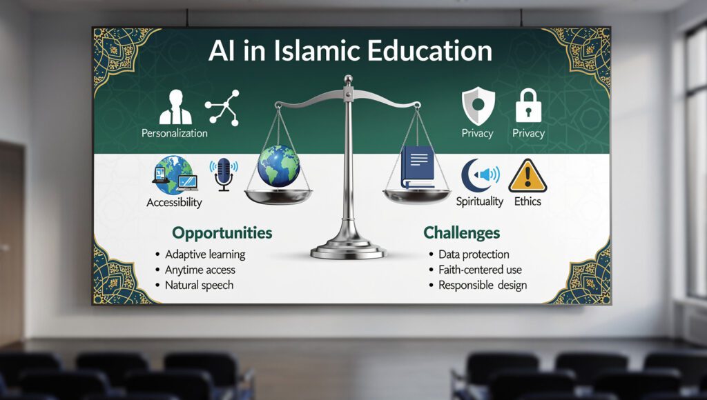 Infografik visual yang menampilkan balance antara peluang positif dan tantangan penggunaan AI dalam pendidikan agama Islam dengan ikon dan statistik