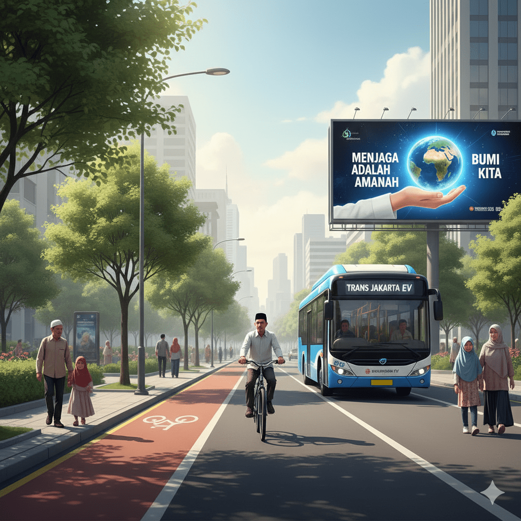 Muslim kota menggunakan transportasi umum shadaqah karbon untuk gaya hidup islami ramah lingkungan