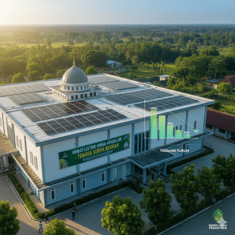 “Panel surya terpasang di atap masjid pesantren yang membantu menurunkan tagihan listrik hingga 40 persen per bulan.”