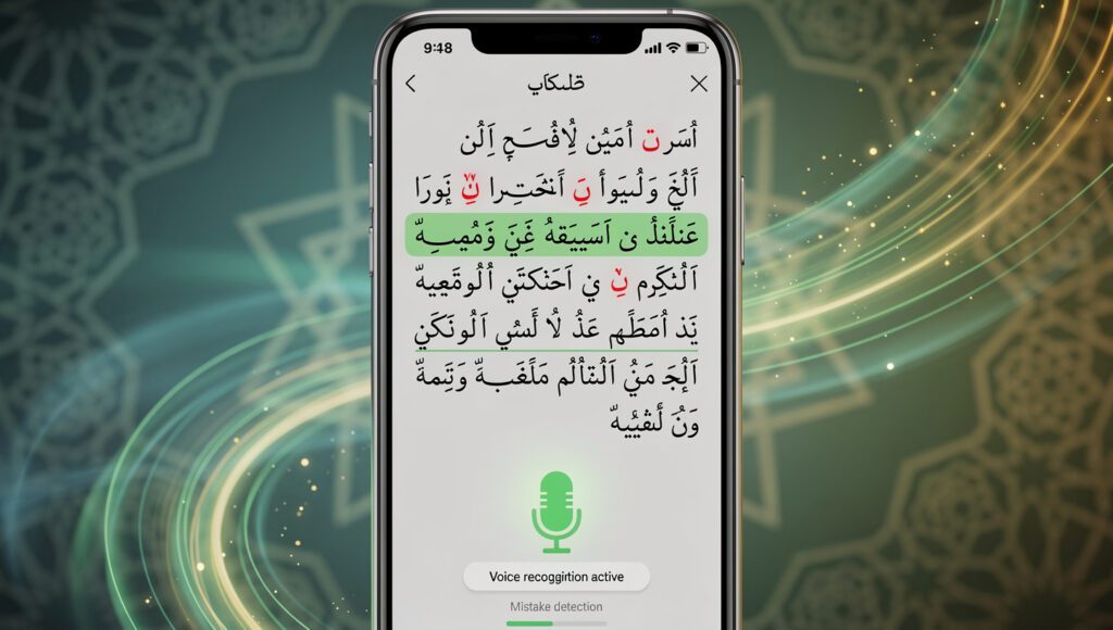 tutorial Tarteel AI untuk murojaah mandiri menampilkan interface aplikasi dengan fitur mistake detection aktif