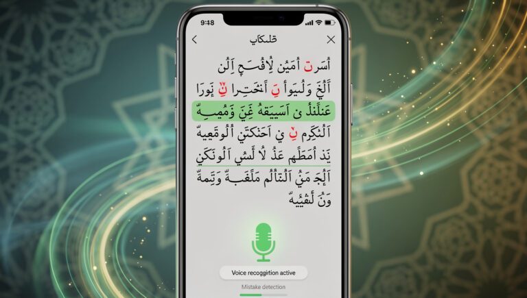tutorial Tarteel AI untuk murojaah mandiri menampilkan interface aplikasi dengan fitur mistake detection aktif