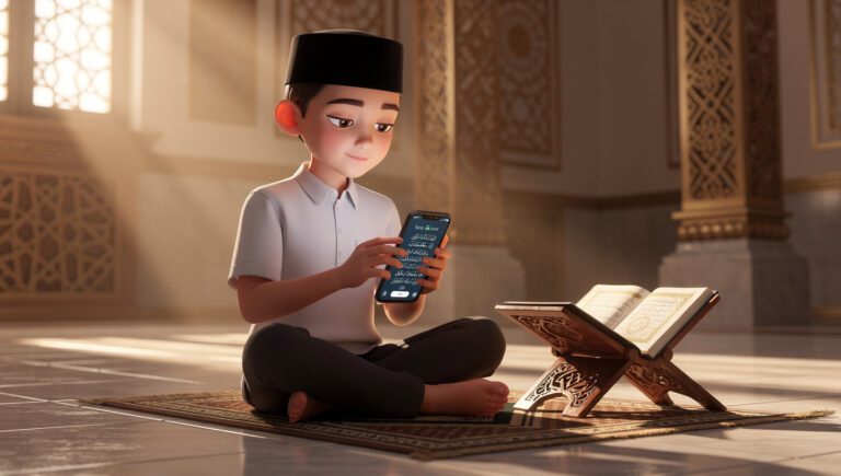 Review 3 bulan tarteel premium - santri menggunakan Tarteel app untuk murojaah Al-Quran di musholla dengan hasil accuracy 94%