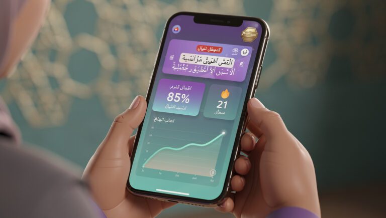 "Interface aplikasi tarteel premium menampilkan fitur mistake detection dan analytics dashboard untuk review"