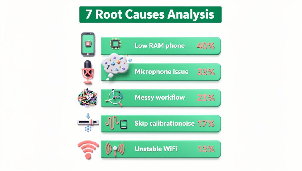 Root cause analysis gagal pakai Tarteel AI - 7 faktor utama: device RAM 40%, microphone technique 33%, unrealistic expectations 27%
