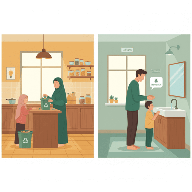 Ilustrasi keluarga muslim menerapkan rumah tangga hijau muslim di dapur dan kamar mandi eco friendly
