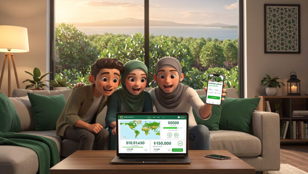 “Ilustrasi Muslimah menggunakan smartphone untuk sedekah pohon online dengan tampilan aplikasi donasi pohon dan hutan hijau di latar belakang”