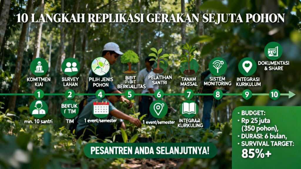 "Infografis blueprint 10 langkah replikasi Gerakan Sejuta Pohon di pesantren Indonesia: dari komitmen kiai, bentuk tim santri, survey lahan, pilih jenis pohon, beli bibit berkualitas, pelatihan santri, tanam massal, monitoring GPS, integrasi kurikulum, hingga dokumentasi share - budget Rp 25 juta untuk 350 pohon dengan survival rate target 85%"