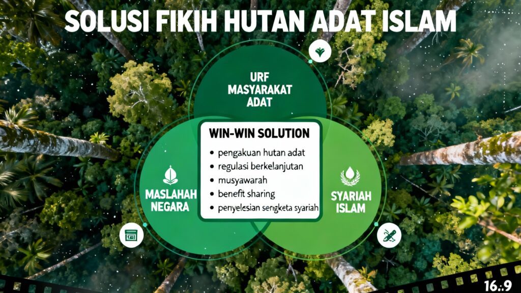 “Infografis hutan adat islam menampilkan diagram Venn ‘urf masyarakat adat, mashlahah negara, dan syariah Islam dengan irisan solusi win-win pengelolaan hutan adat”