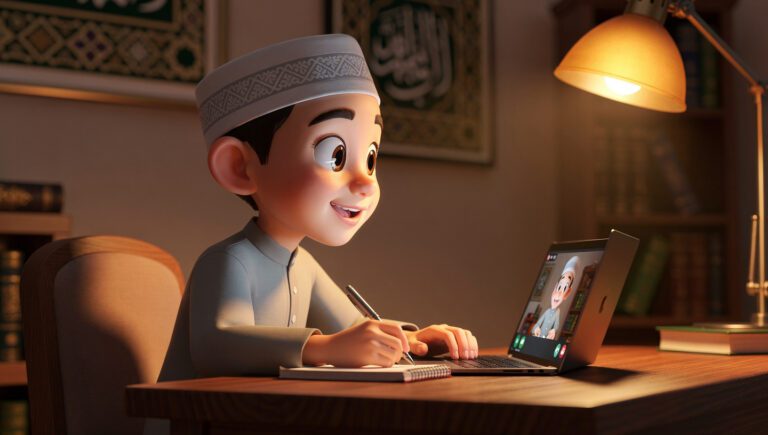 “santri digital sedang mengikuti talaqqi virtual untuk santri digital melalui video call dengan gurunya”