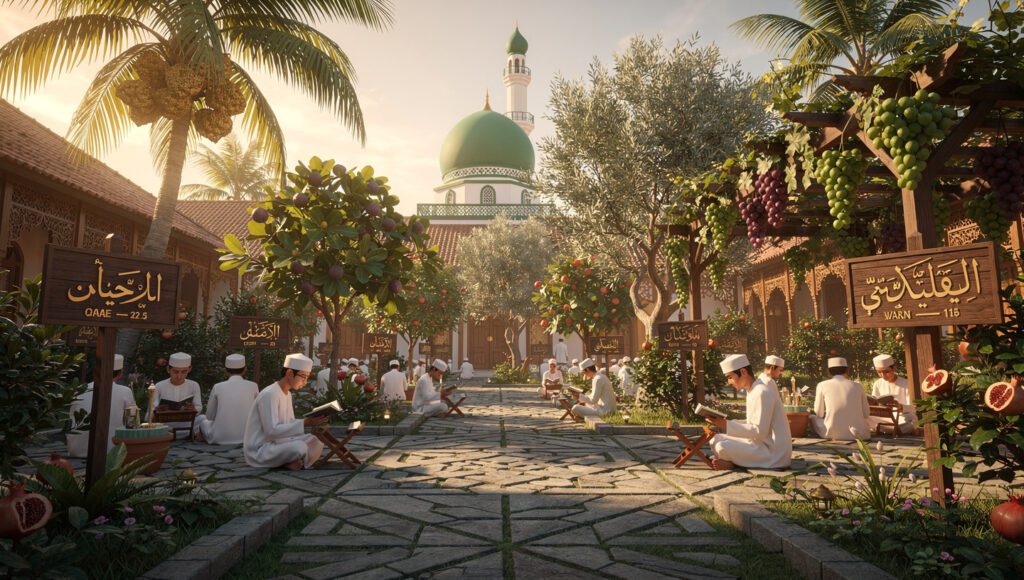 Taman quran jawa timur di pesantren dengan 15 pohon Al-Quran seperti kurma, tin, zaitun, delima, dan anggur yang ditata sebagai laboratorium iman hidup untuk santri.