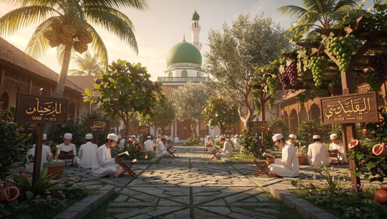 Taman quran jawa timur di pesantren dengan 15 pohon Al-Quran seperti kurma, tin, zaitun, delima, dan anggur yang ditata sebagai laboratorium iman hidup untuk santri.