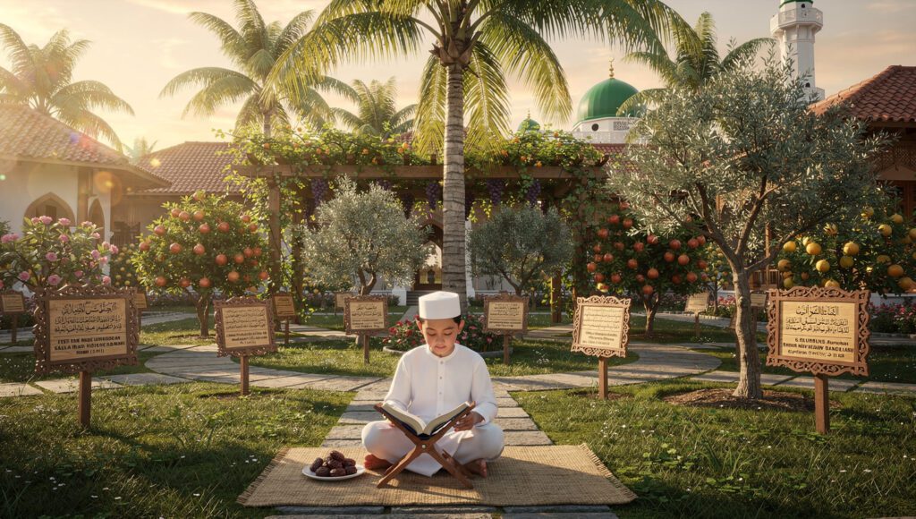 "Taman Quran Jawa Timur di pesantren: taman islami edukatif dengan 15 pohon yang disebutkan Al-Quran (kurma, tin, zaitun, delima, anggur) ditata pola geometri sakral, santri belajar tadabbur ayat sambil menikmati buah langsung dari pohon - konsep revolutionary laboratorium iman hidup menggabungkan pembelajaran agama dengan botani praktis"