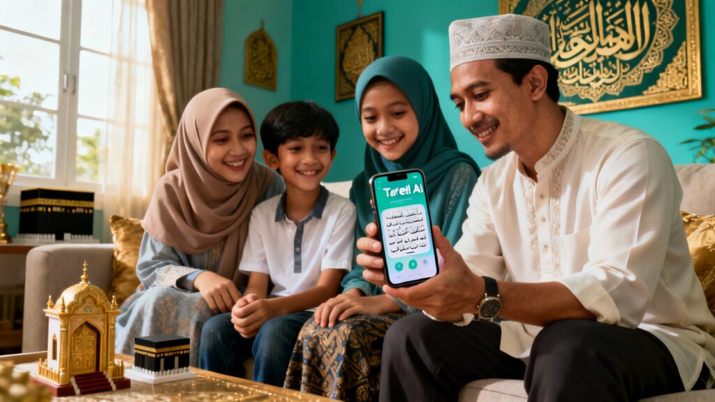 Tarteel AI untuk keluarga - orang tua dan anak menggunakan aplikasi hafalan Quran di smartphone dengan suasana Islami