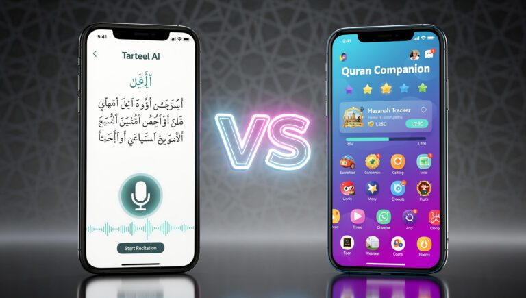 perbandingan aplikasi hafalan Qur'an Tarteel AI vs Quran Companion dengan fitur dan interface kedua aplikasi