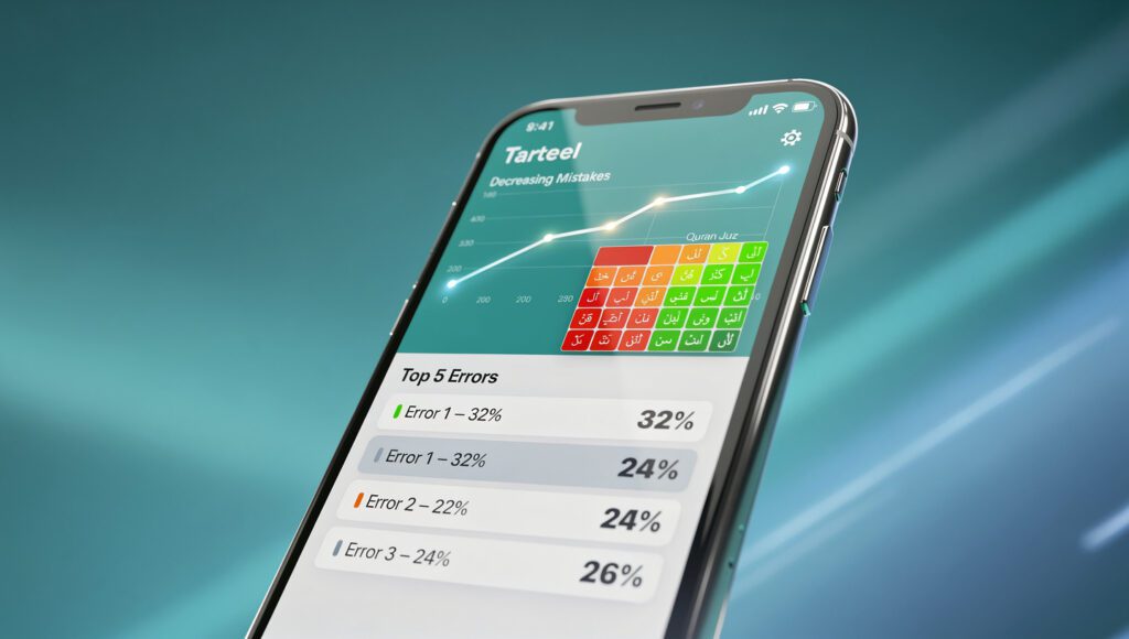 "Contoh dashboard analytics tarteel menampilkan tracking kesalahan dan improvement trend"