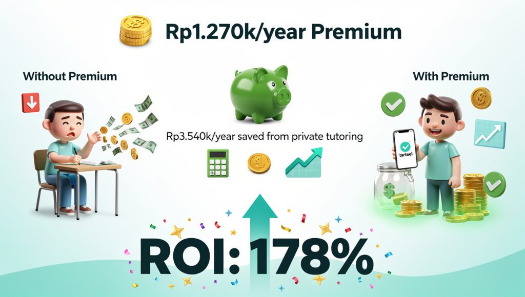 "Visualisasi perhitungan return on investment tarteel premium menunjukkan penghematan biaya guru private"