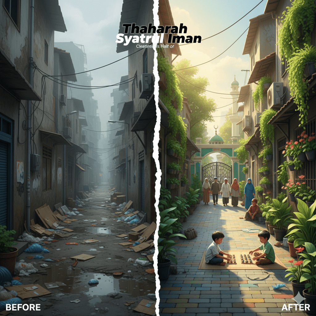 Visual transformasi kampung kumuh menjadi kampung bersih yang terinspirasi hadits kebersihan sebagian dari iman