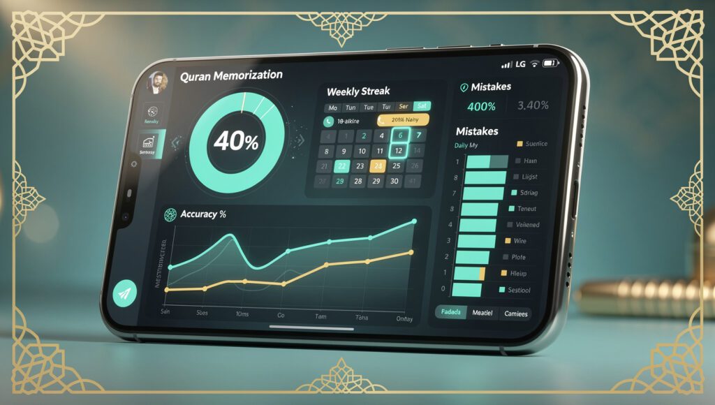 aplikasi murojaah Qur'an dengan dashboard analytics menampilkan statistik hafalan dan accuracy rate