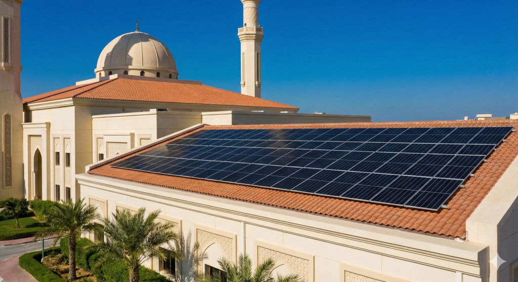 Tim vendor panel surya masjid terpercaya di Jawa Timur sedang melakukan instalasi modul surya di atap masjid dengan perlengkapan keselamatan lengkap.