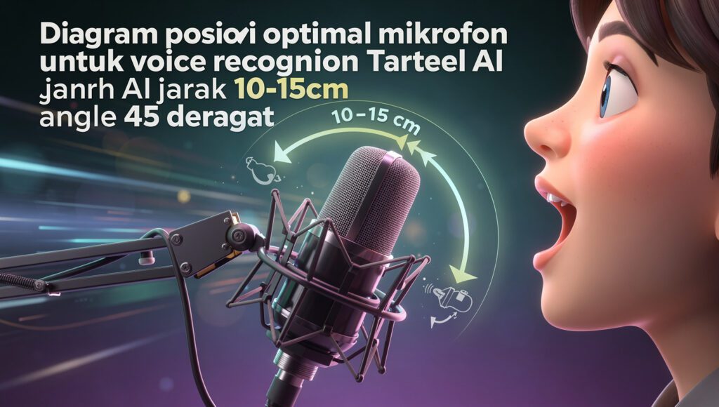 "Diagram posisi optimal mikrofon untukvoice recognition tarteel tidak akurat jarak 10-15cm angle 45 derajat"