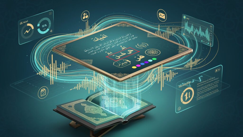 Ilustrasi teknologi voice recognition AI mendeteksi dan menganalisis bacaan Al-Qur'an santri dengan visualisasi gelombang suara dan feedback real-time