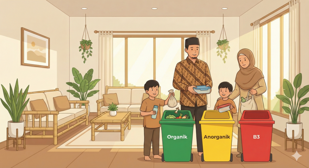 keluarga muslim sedang mengelola sampah rumah tangga secara zero waste