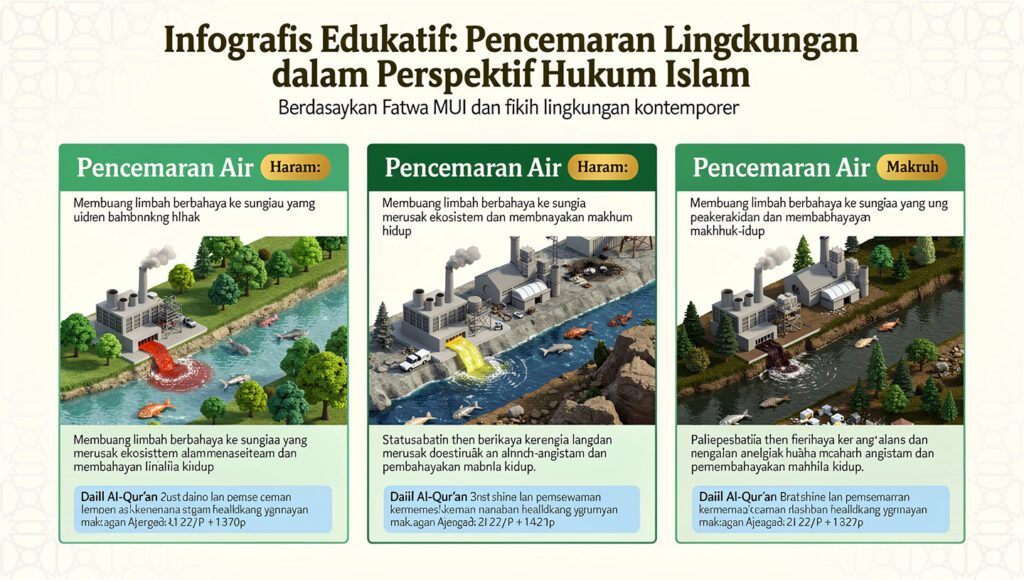 Infografis 3 kategori pencemaran dalam Islam: air, udara, tanah dengan dalil Quran dan hadits