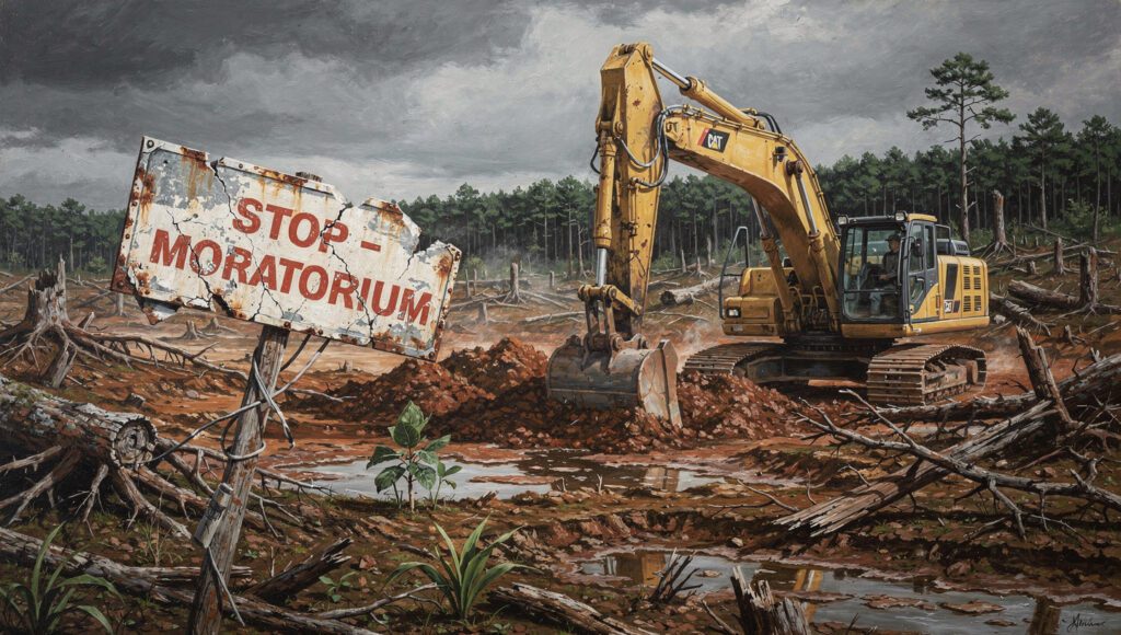 Ilustrasi kritik moratorium tambang dari sudut drone excavator tambang tetap beroperasi meski ada tanda “STOP” yang terkelupas